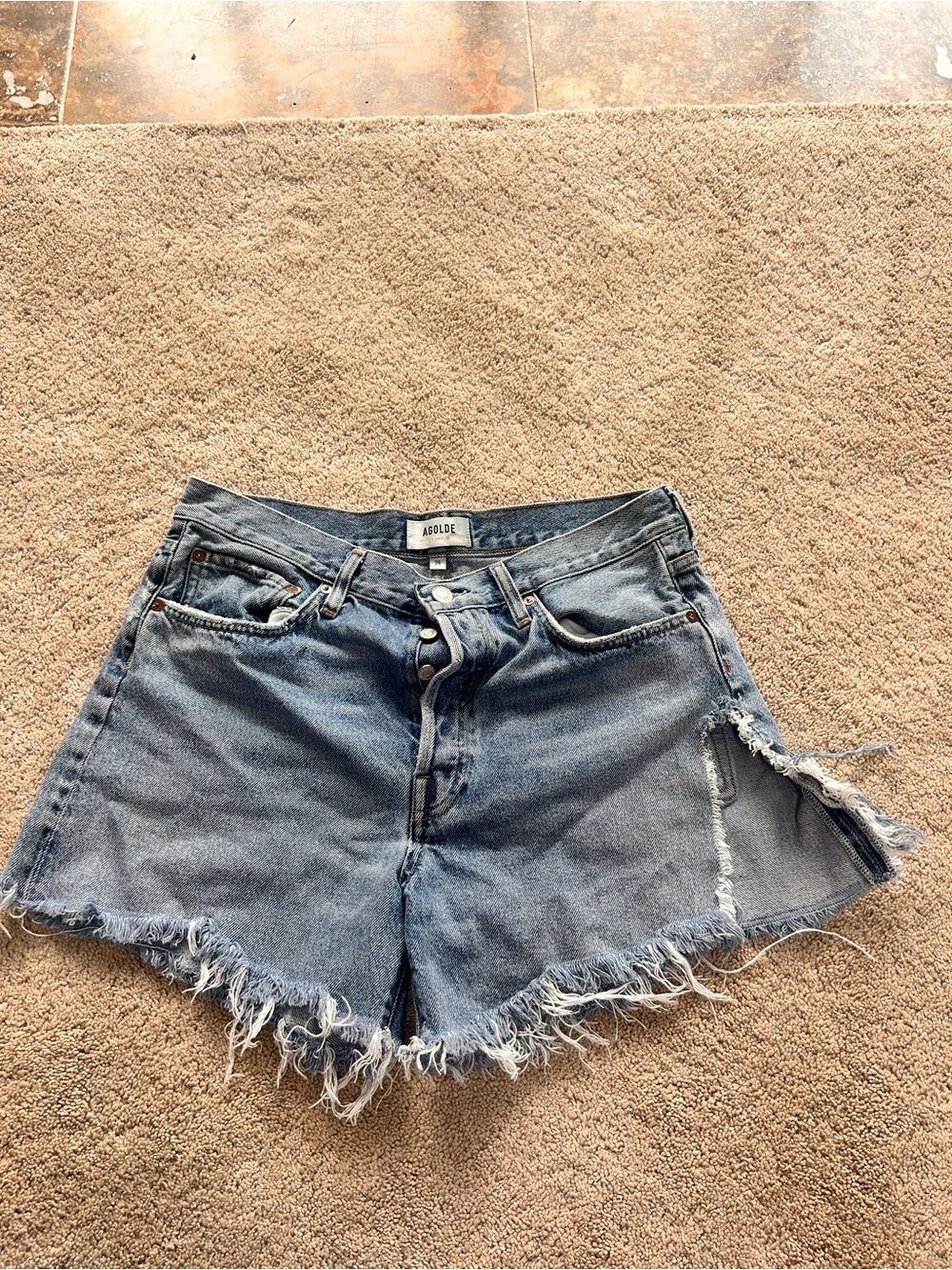 AGOLDE Parker Long High-Rise Distressed Denim Shorts